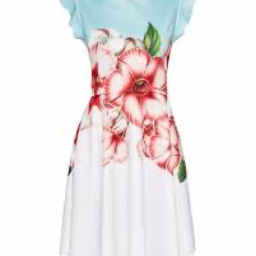 Ted Baker Maevea Nectar Scalloped Skater Dress Bold Flower White Blue Pink SZ 4